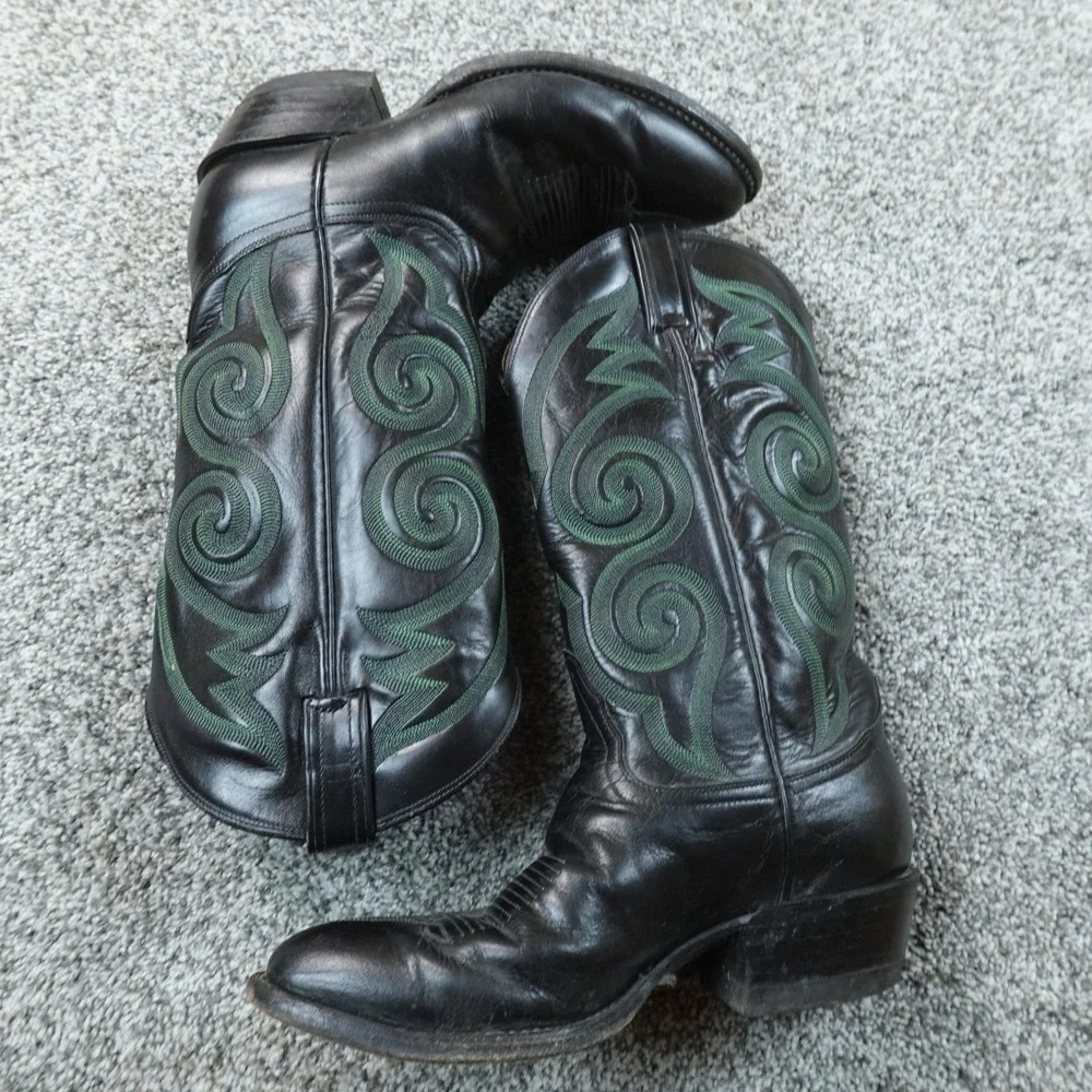 VTG Tony Lama Cowboy Boots Mens 8D Black Green Rodeo Exotic Western 70s 80s USA